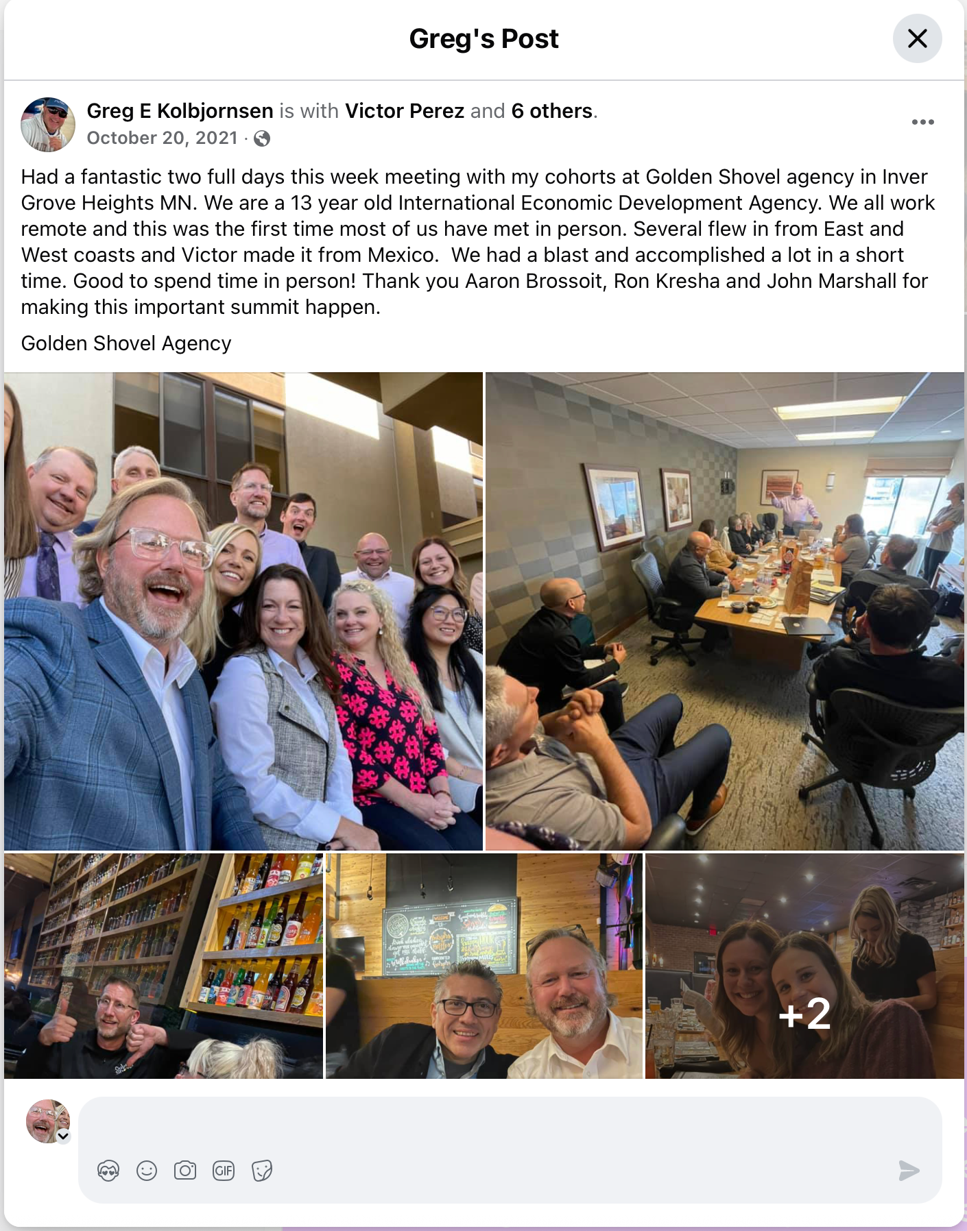 "First time most of us have met in person"—Oct 2021 Facebook post shows Golden Shovel Agency's remote international workforce, including staff from Mexico, undermining PPP claims.