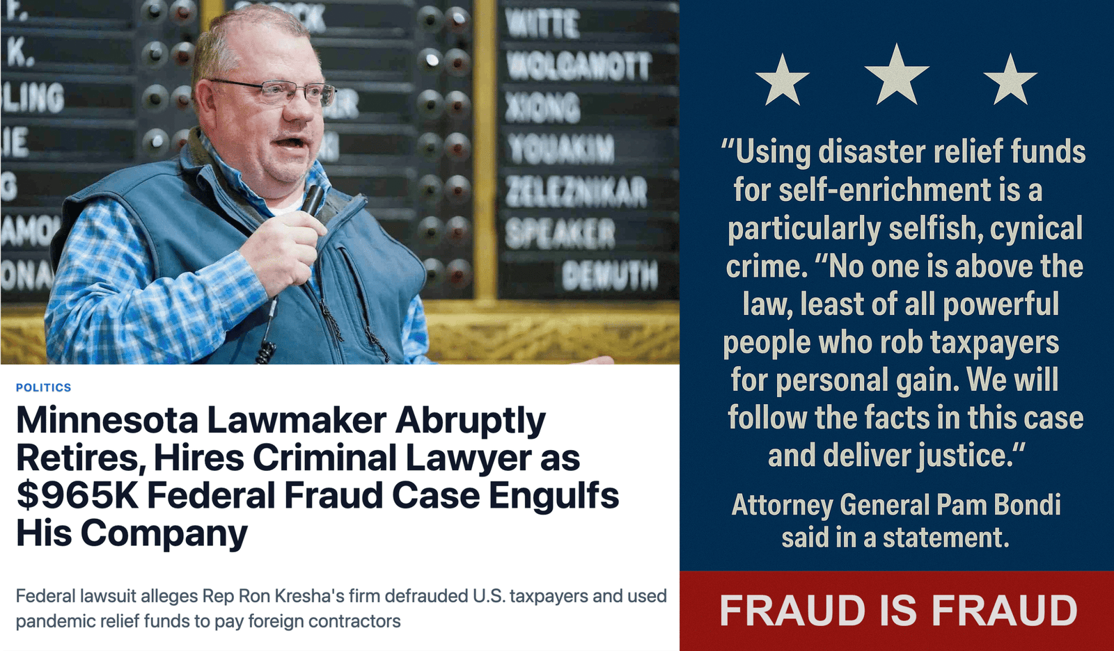 "Using disaster relief funds for self-enrichment is a particularly selfish, cynical crime," Attorney General Pam Bondi said in a statement. "No one is above the law, least of all powerful people who rob taxpayers for personal gain. We will follow the facts in this case and deliver justice."