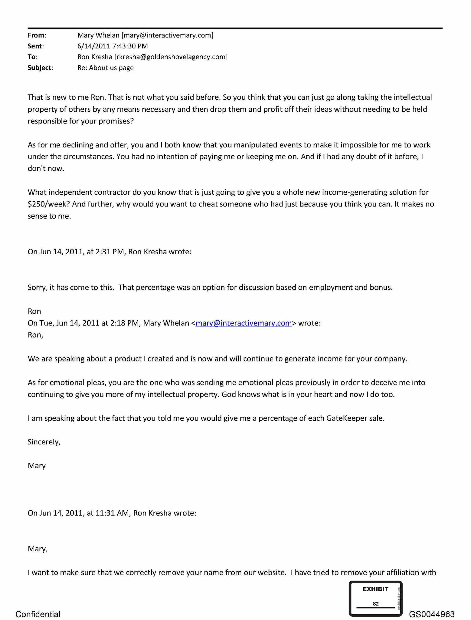 Email exchange dated June 14, 2011 between Mary Whelan and Ron Kresha in which Whelan asserts she created the Gatekeeper product, demands that Golden Shovel Agency stop using her name, skills, and intellectual property for sales unless she is compensated, and references a promised percentage of Gatekeeper sales, with Kresha responding with a lie about the promise of her percentage of Gatekeeper sales hinging on her employment with Golden Shovel Agency.